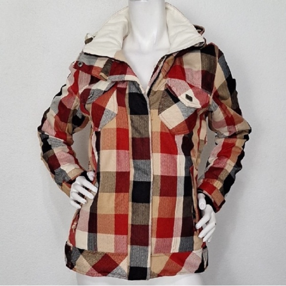 Powder Room Red Cream Black Plaid Insulated Snowboard Ski Hooded Jacket Size XS